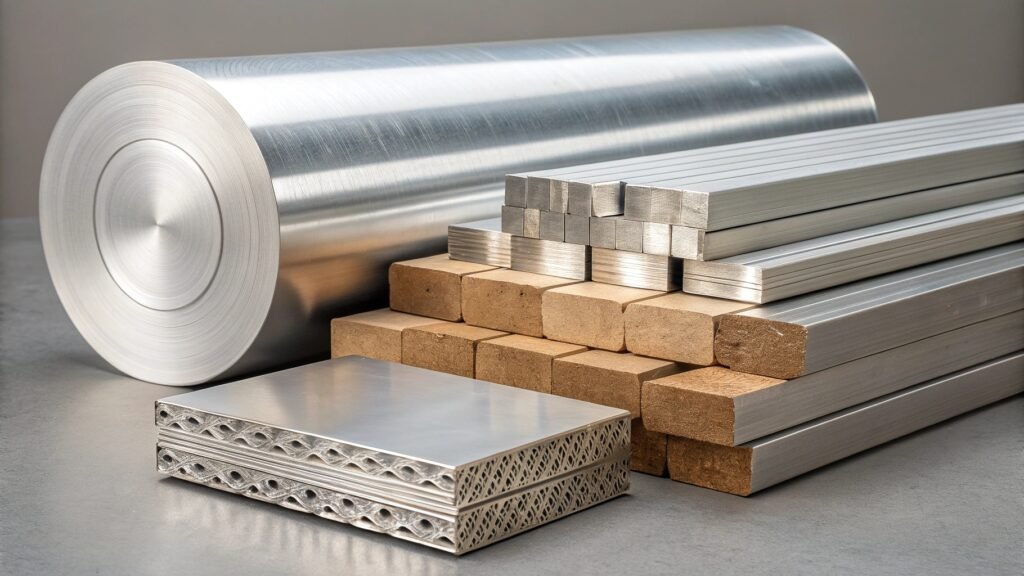 A diagram illustrating the concept of alloying, showing a base metal of aluminum atoms with other element atoms (like Mg, Si, Cu, Zn) integrated into the structure.